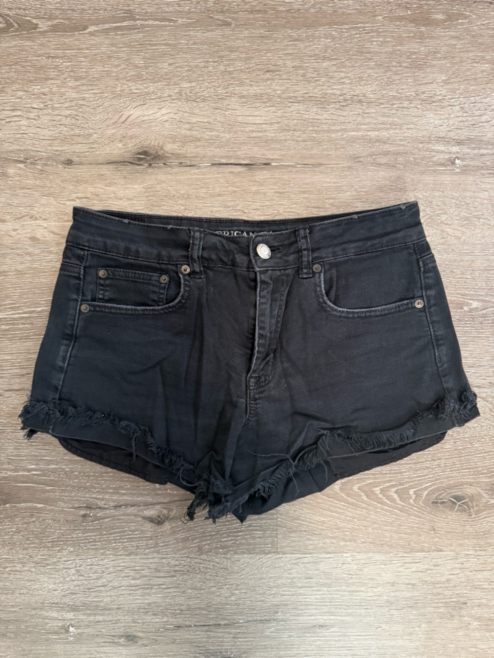 American Eagle Outfitters Hi-Rise Festival Stretch Black Frayed Hem Denim Shorts